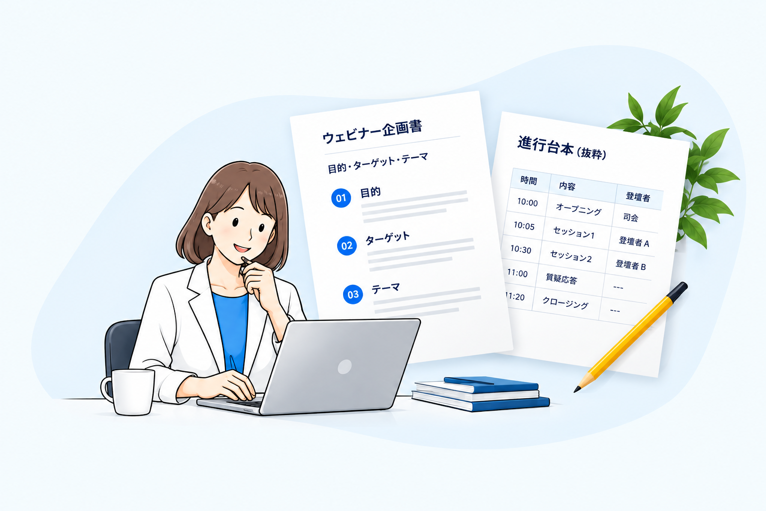 企画書と進行台本を用意し、登壇の準備を整える担当者